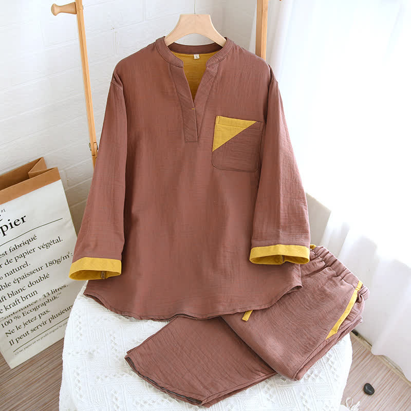 Ensemble pyjama en gaze de coton double épaisseur avec motif à blocs de couleurs