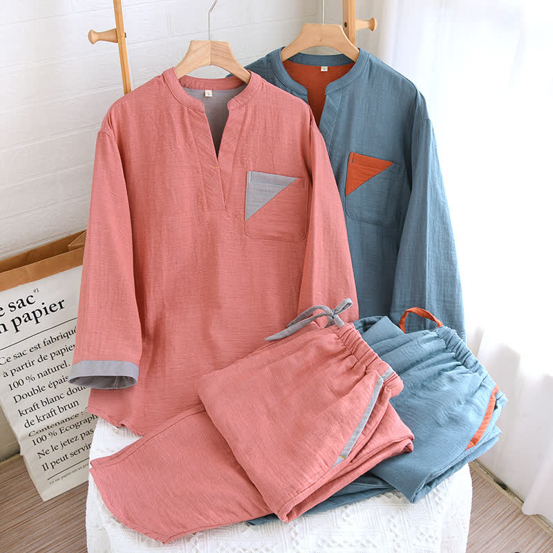 Ensemble pyjama en gaze de coton double épaisseur avec motif à blocs de couleurs