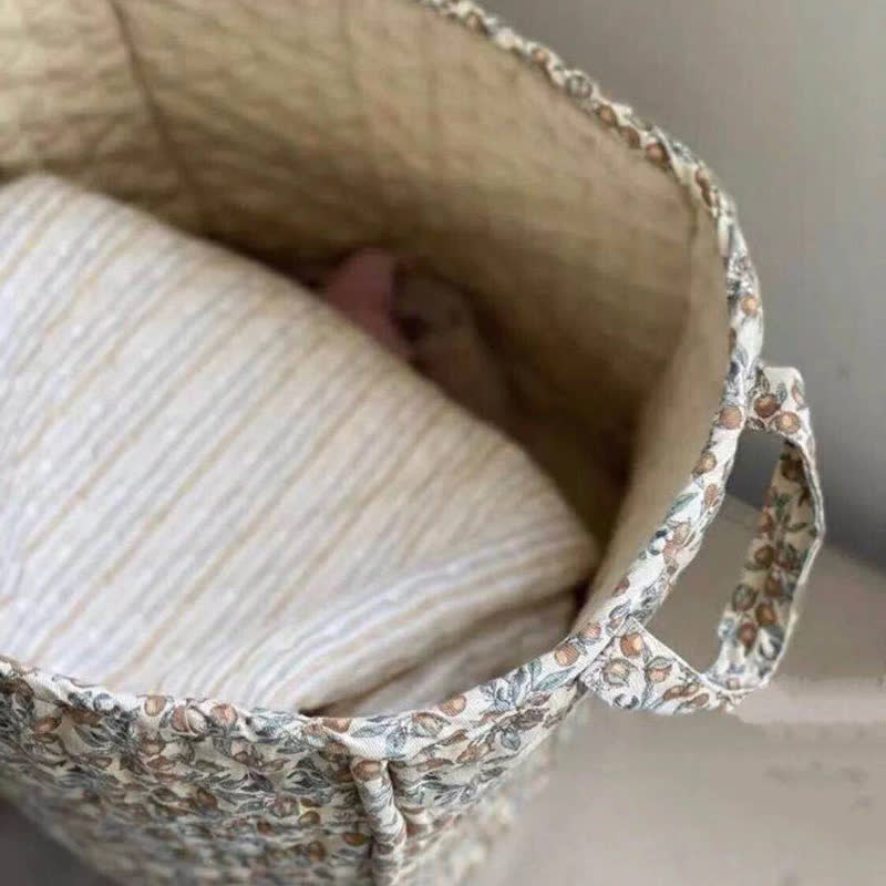 Panier de rangement en pur coton avec motif floral et poignées