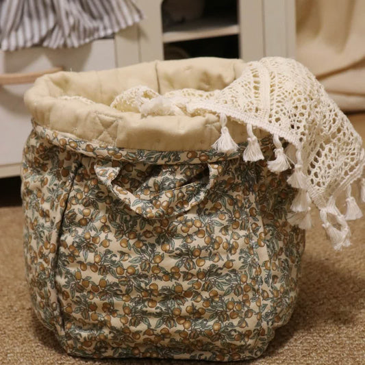Panier de rangement en pur coton avec motif floral et poignées