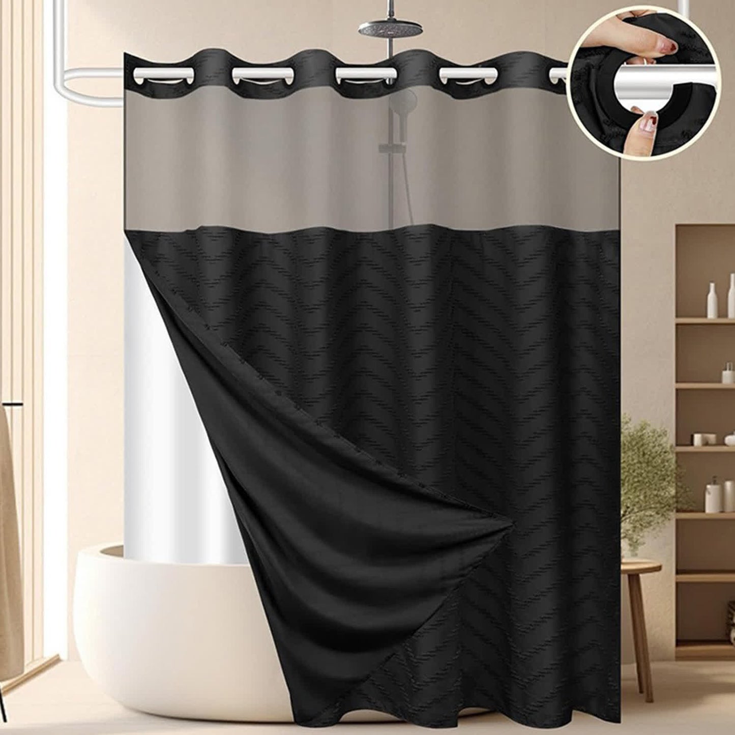 Rideau de douche touffeté à motif zigzag sans crochets