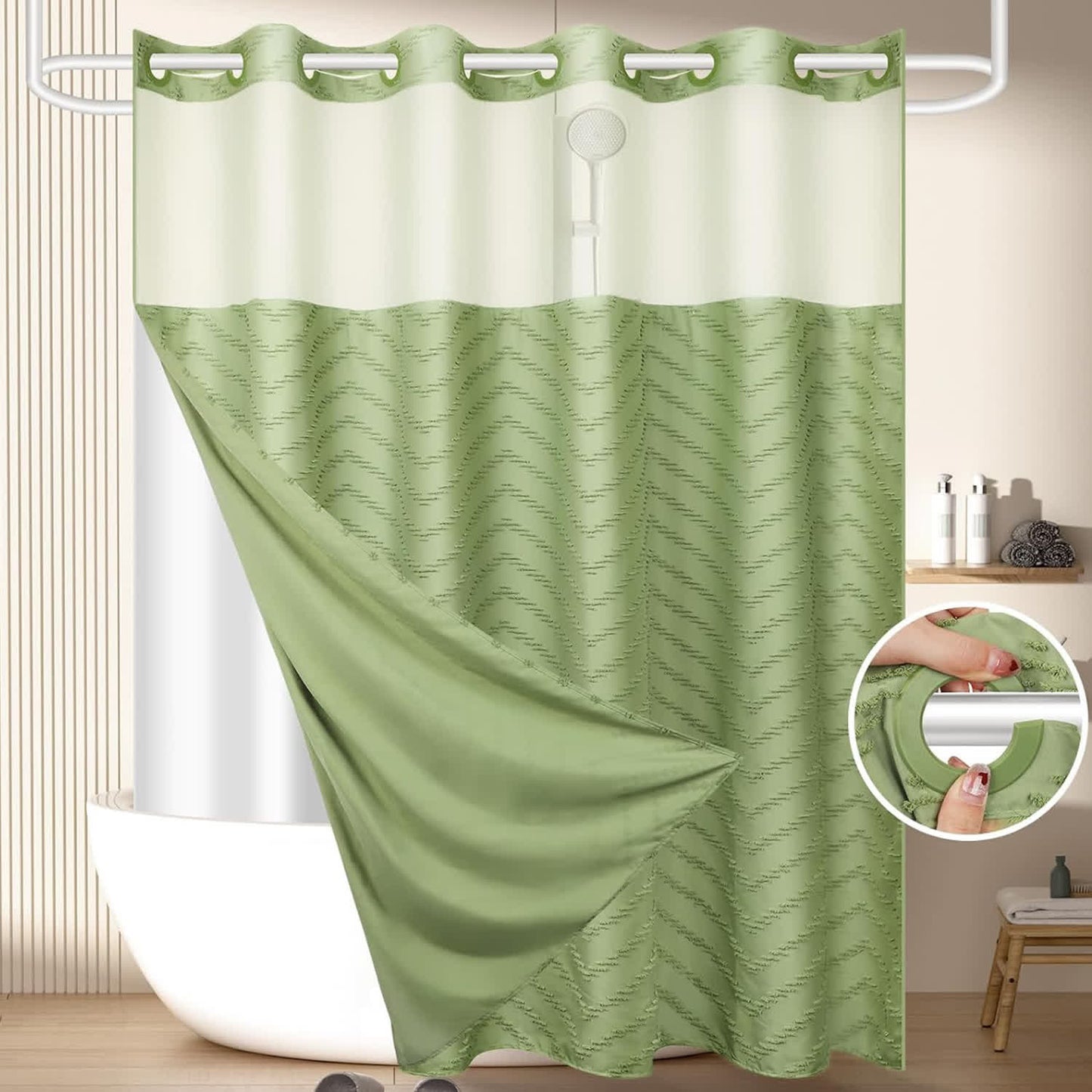 Rideau de douche touffeté à motif zigzag sans crochets