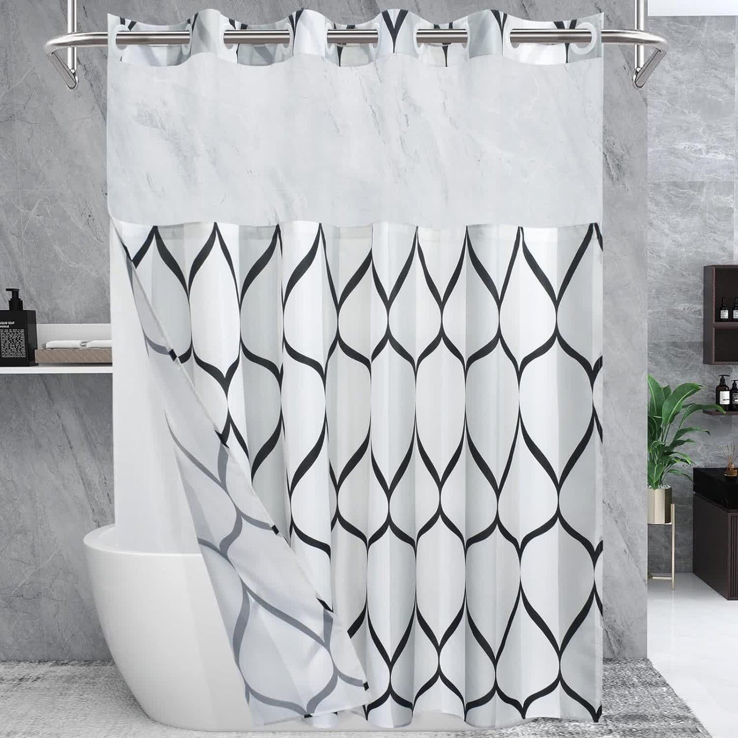 Rideau de douche imperméable sans crochets avec motif marbré