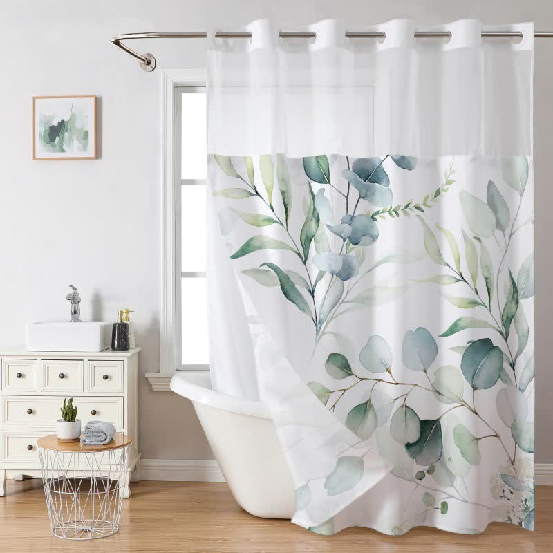 Rideau de douche imperméable sans crochets avec motif de feuilles rafraîchissantes