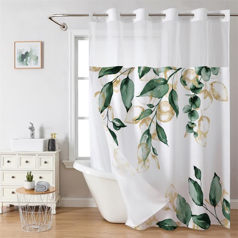 Rideau de douche imperméable sans crochets avec motif de feuilles rafraîchissantes