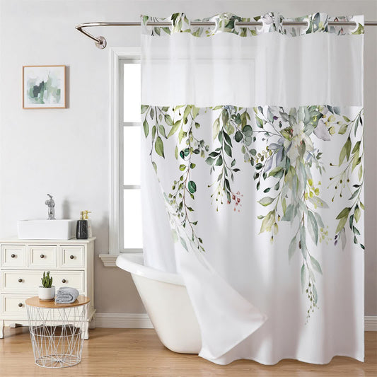 Rideau de douche imperméable sans crochets avec motif de feuilles rafraîchissantes