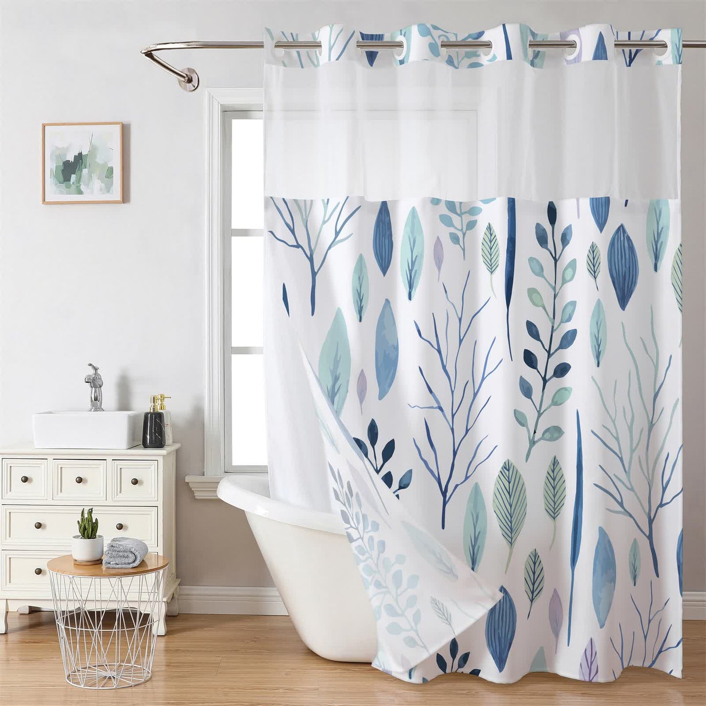 Rideau de douche imperméable sans crochets avec motif de feuilles rafraîchissantes