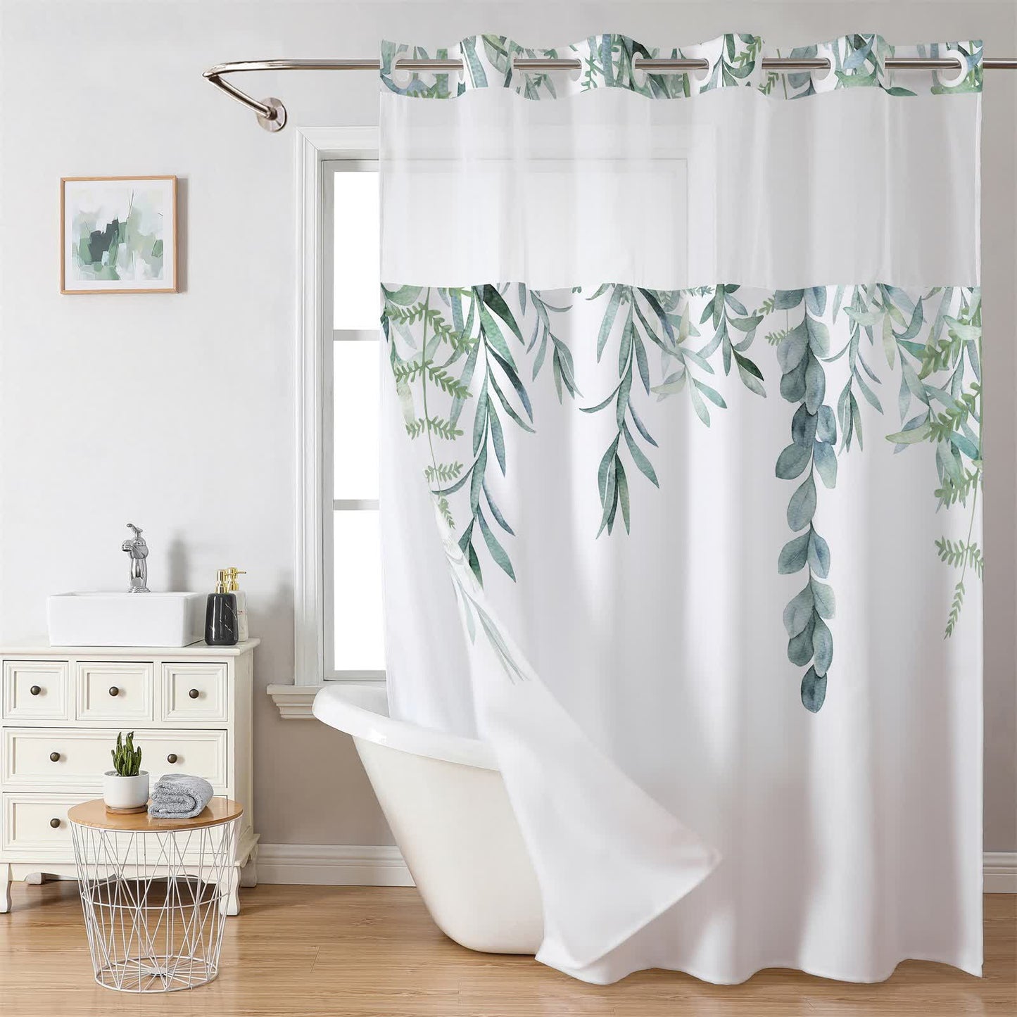 Rideau de douche imperméable sans crochets avec motif de feuilles rafraîchissantes