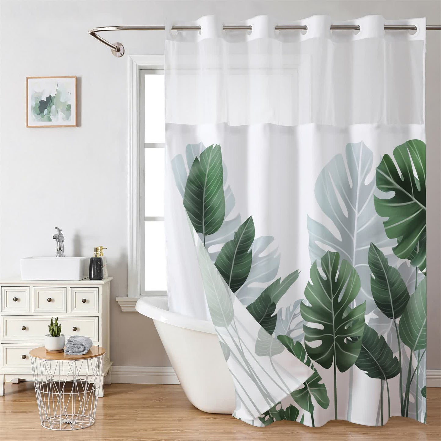 Rideau de douche imperméable sans crochets avec motif de feuilles rafraîchissantes