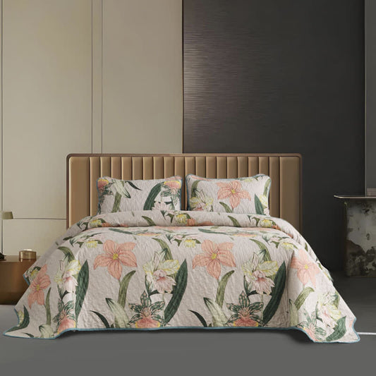 Parure de lit matelassée à motif de lys en fleurs rurales