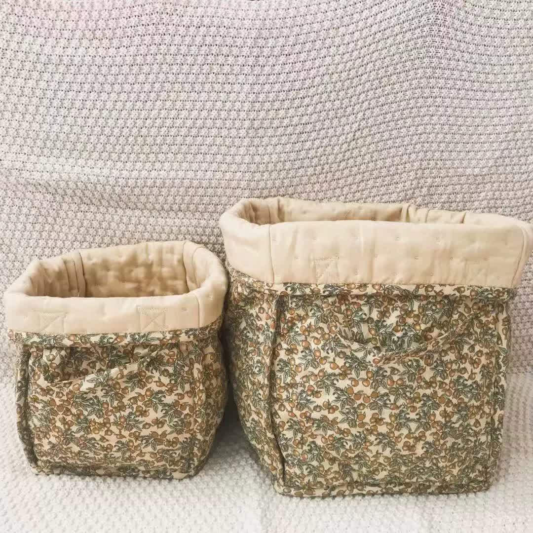 Panier de rangement en pur coton avec motif floral et poignées