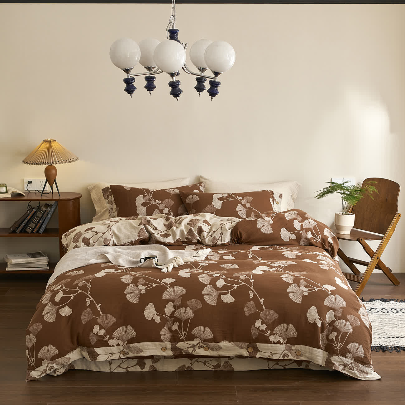 Ensemble de literie en gaze de coton avec boutons et feuilles de ginkgo (4 pièces) - Brun et abricot - 220 cm x 240 cm - image 18
