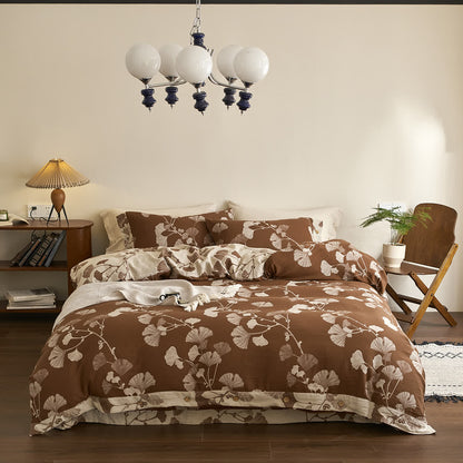Ensemble de literie en gaze de coton avec boutons et feuilles de ginkgo (4 pièces) - Brun et abricot - 220 cm x 240 cm - image 18