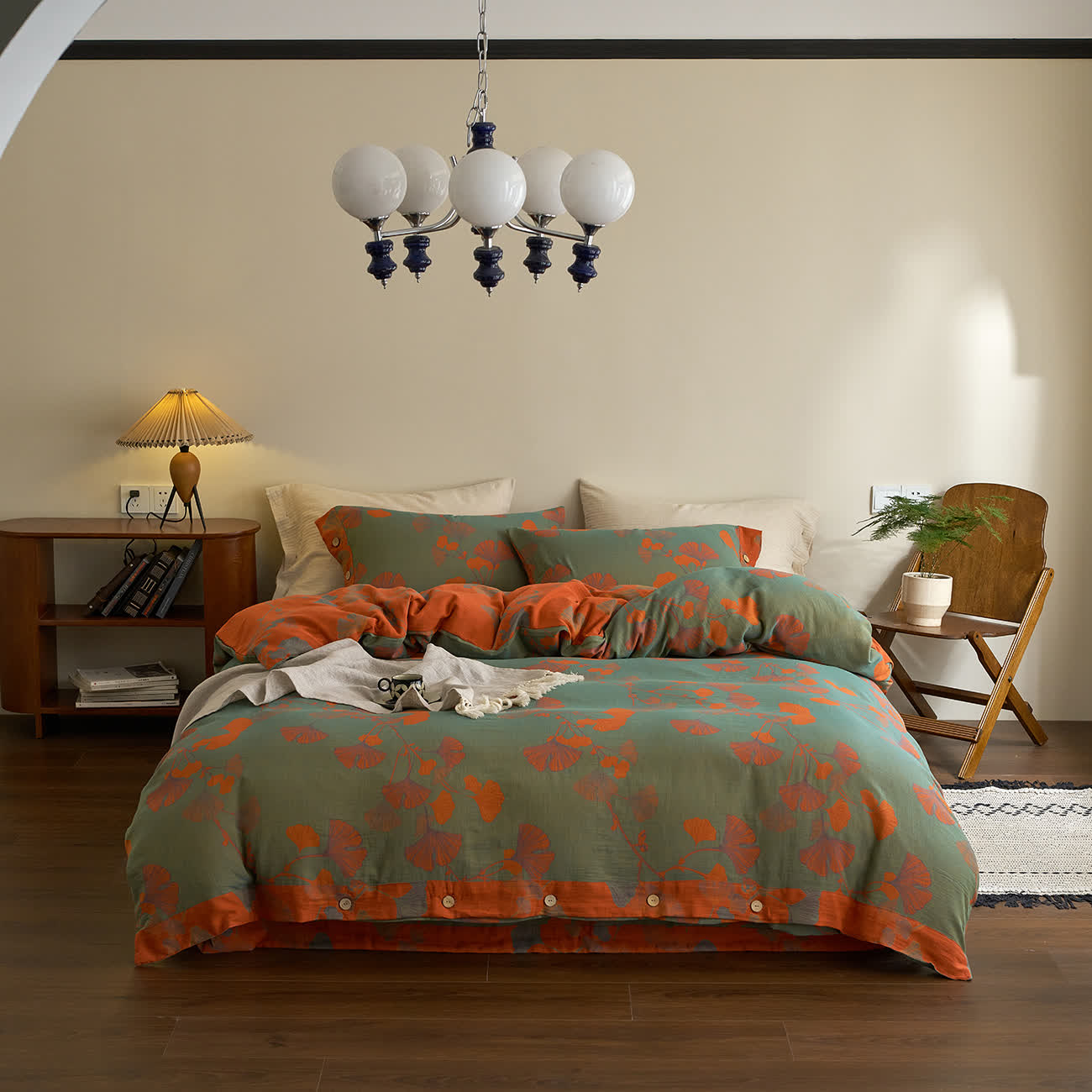 Ensemble de literie en gaze de coton avec boutons et feuilles de ginkgo (4 pièces) - Vert et orange - 220 cm x 240 cm - image 0