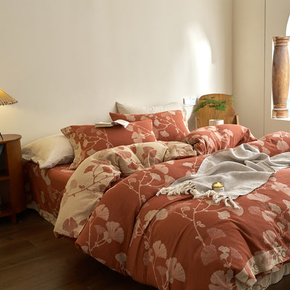 Parure de lit en gaze de coton avec feuilles de ginkgo et boutons (4 pièces)