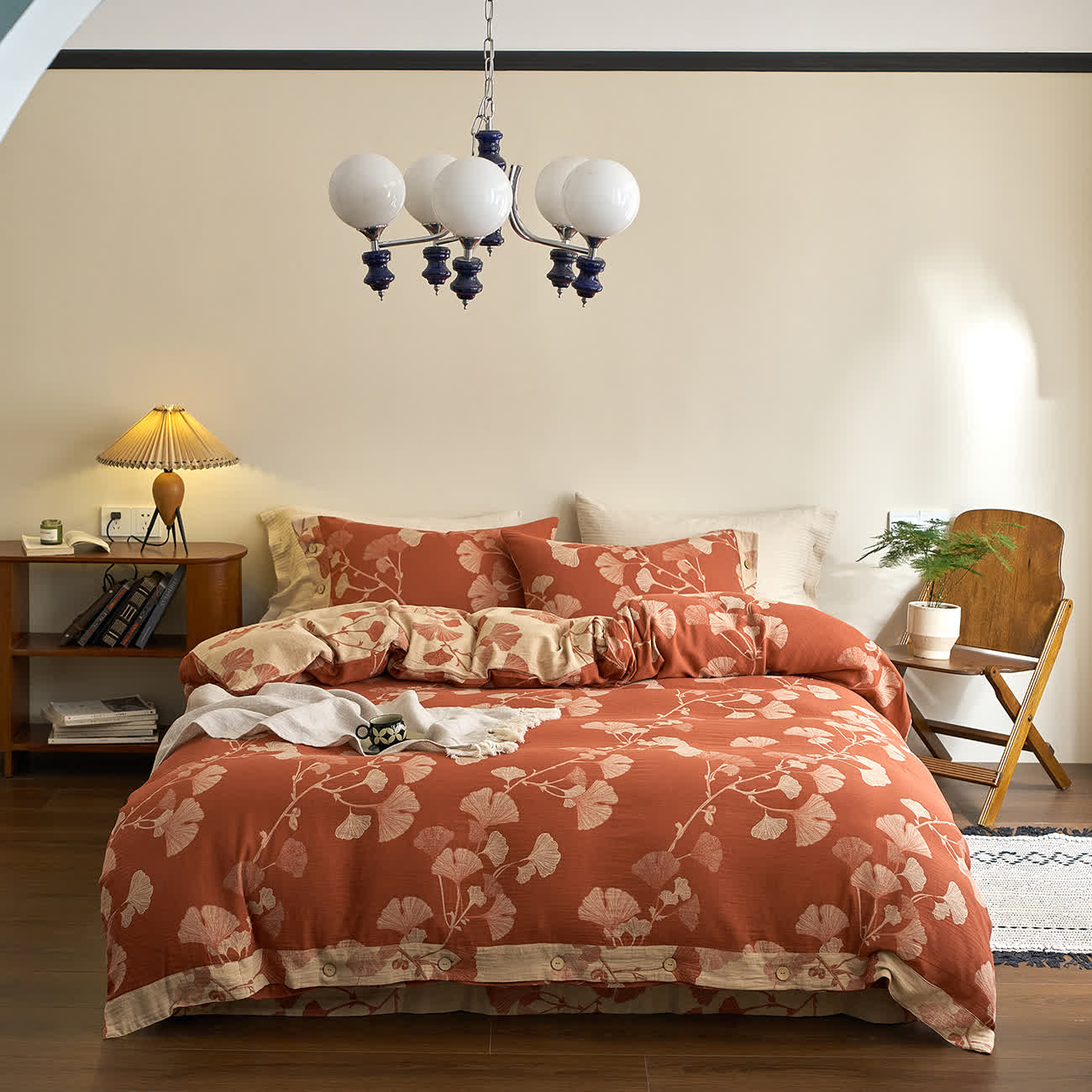 Ensemble de literie en gaze de coton avec boutons et feuilles de ginkgo (4 pièces) - Rouge brique et beige - 220 cm x 240 cm - image 9