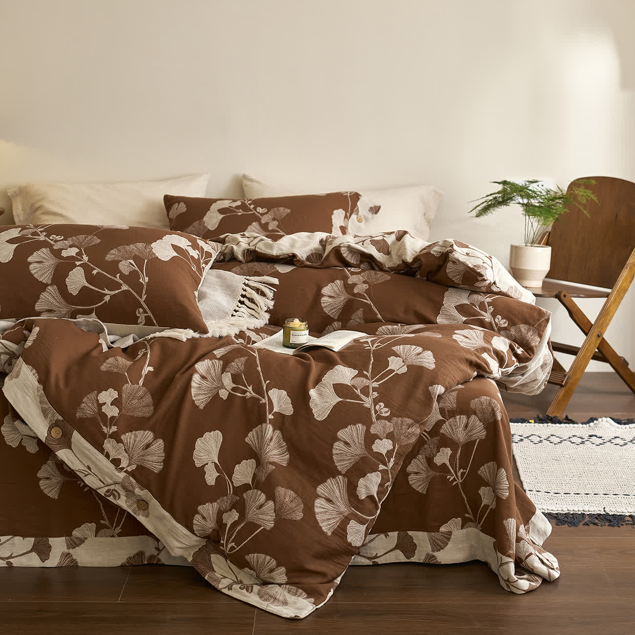 Parure de lit en gaze de coton avec feuilles de ginkgo et boutons (4 pièces)