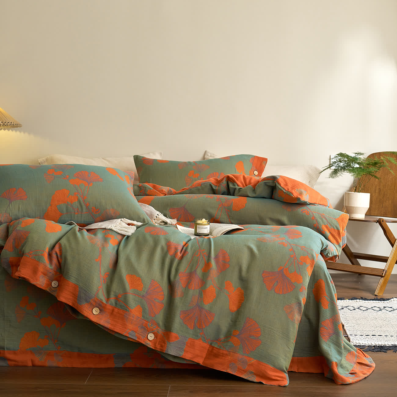 Ensemble de literie en gaze de coton avec boutons et feuilles de ginkgo (4 pièces) - image 1