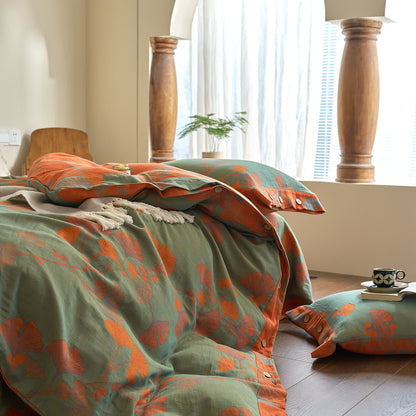Parure de lit en gaze de coton avec feuilles de ginkgo et boutons (4 pièces)