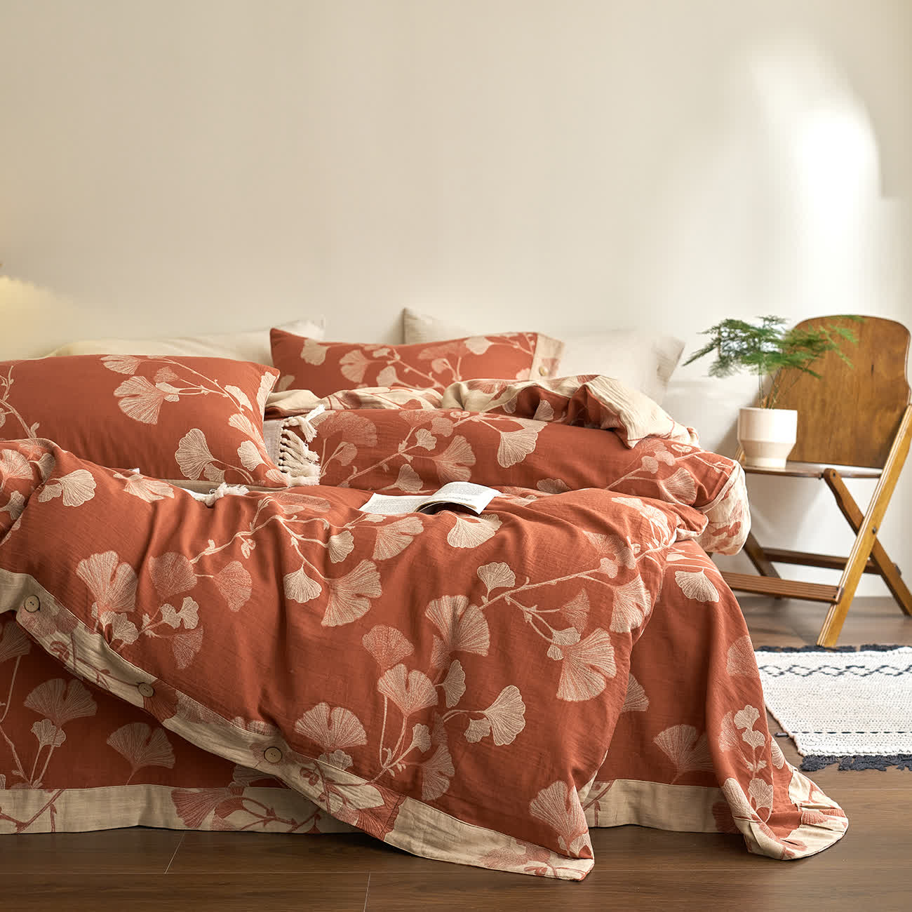 Parure de lit en gaze de coton avec feuilles de ginkgo et boutons (4 pièces)