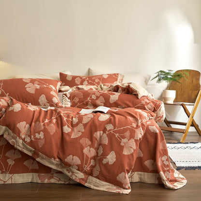 Parure de lit en gaze de coton avec feuilles de ginkgo et boutons (4 pièces)