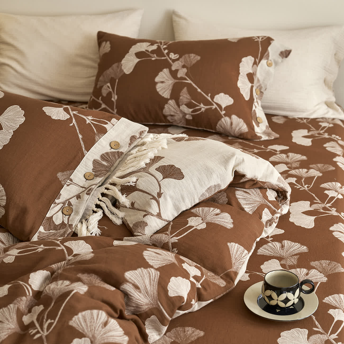 Parure de lit en gaze de coton avec feuilles de ginkgo et boutons (4 pièces)