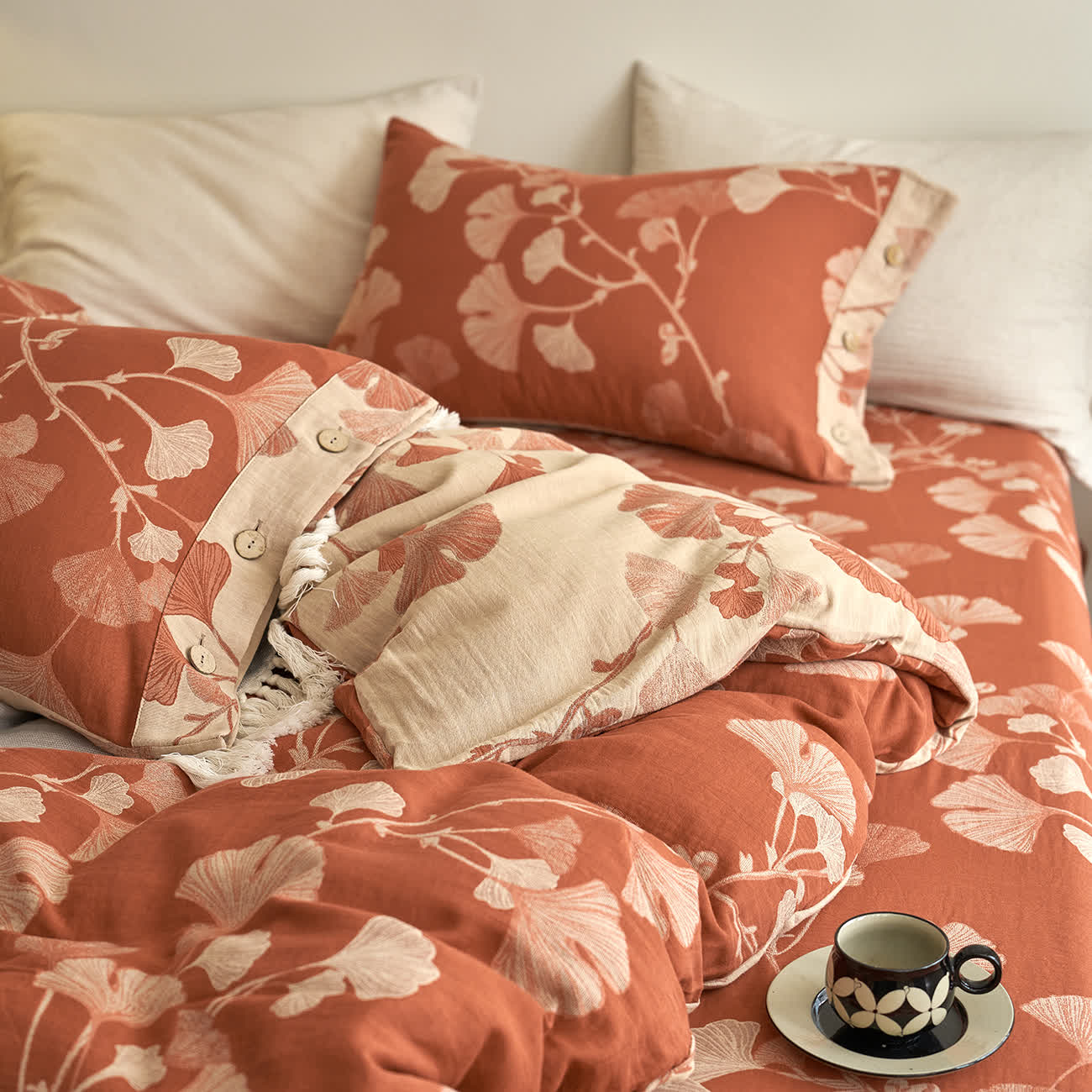 Ensemble de literie en gaze de coton avec boutons et feuilles de ginkgo (4 pièces) - image 13