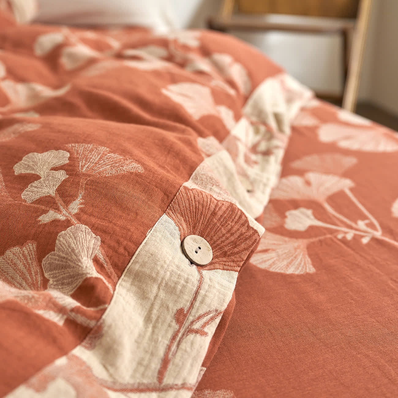 Parure de lit en gaze de coton avec feuilles de ginkgo et boutons (4 pièces)