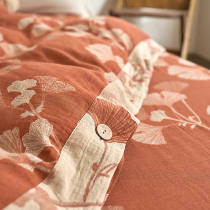 Parure de lit en gaze de coton avec feuilles de ginkgo et boutons (4 pièces)