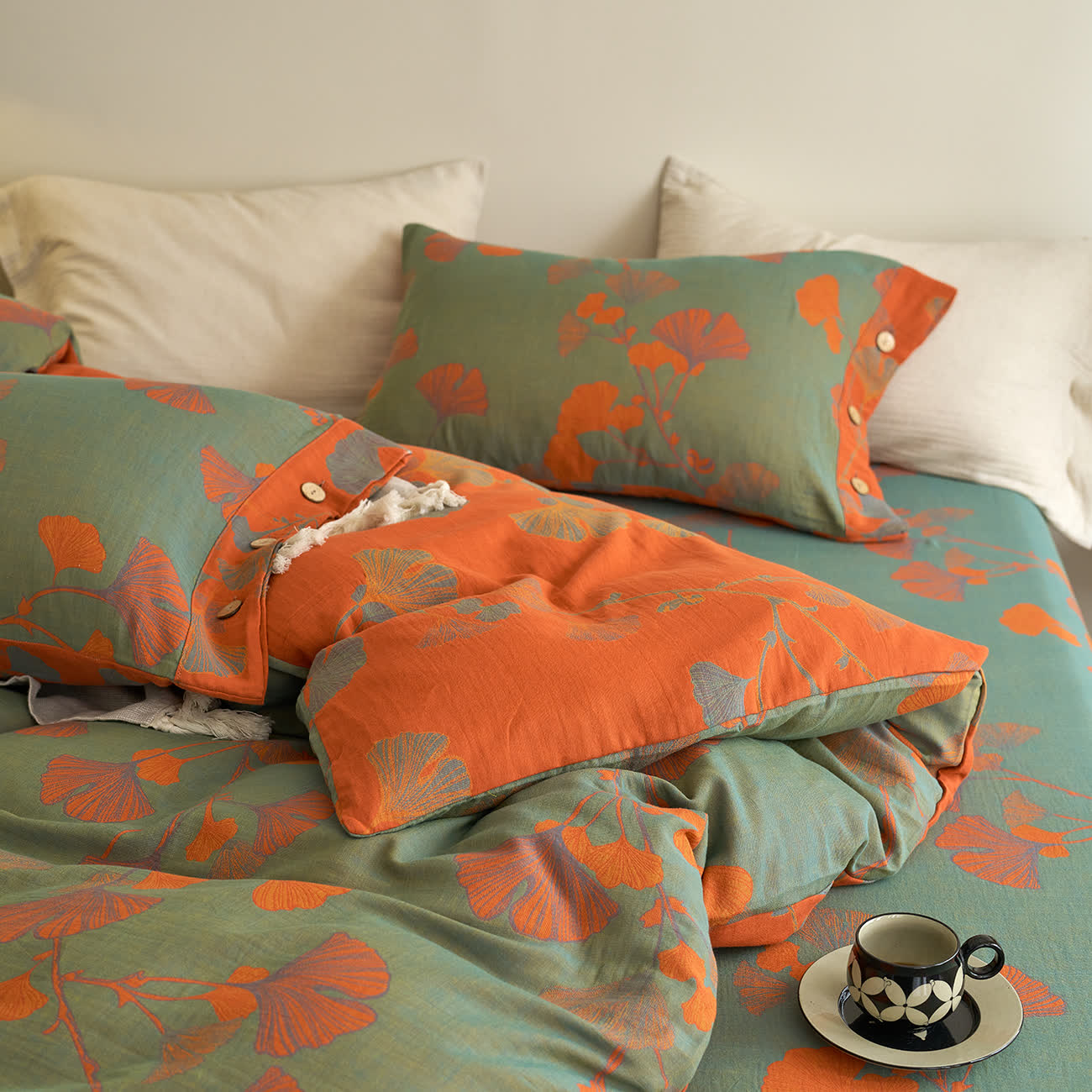 Parure de lit en gaze de coton avec feuilles de ginkgo et boutons (4 pièces)