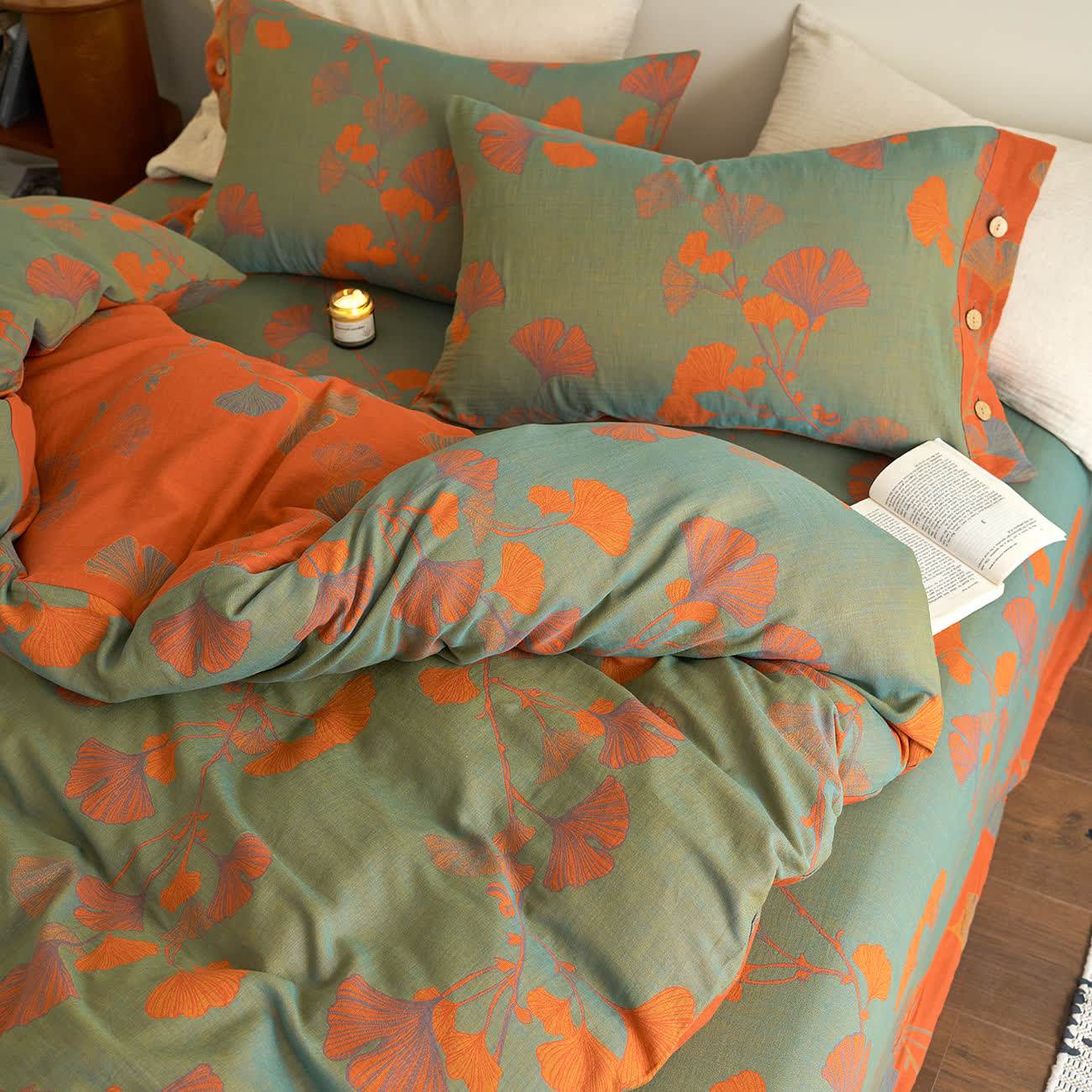 Ensemble de literie en gaze de coton avec boutons et feuilles de ginkgo (4 pièces) - image 4
