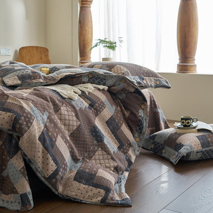 Parure de lit patchwork en gaze de coton à motifs géométriques (4 pièces)