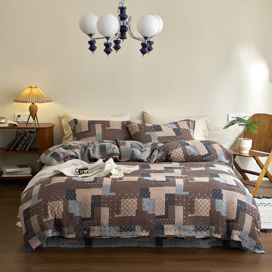 Parure de lit patchwork en gaze de coton à motifs géométriques (4 pièces)