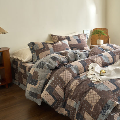 Parure de lit patchwork en gaze de coton à motifs géométriques (4 pièces)
