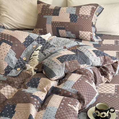 Parure de lit patchwork en gaze de coton à motifs géométriques (4 pièces)