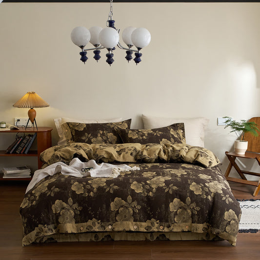 Parure de lit en gaze de coton teint en fil avec boutons (4 pièces)