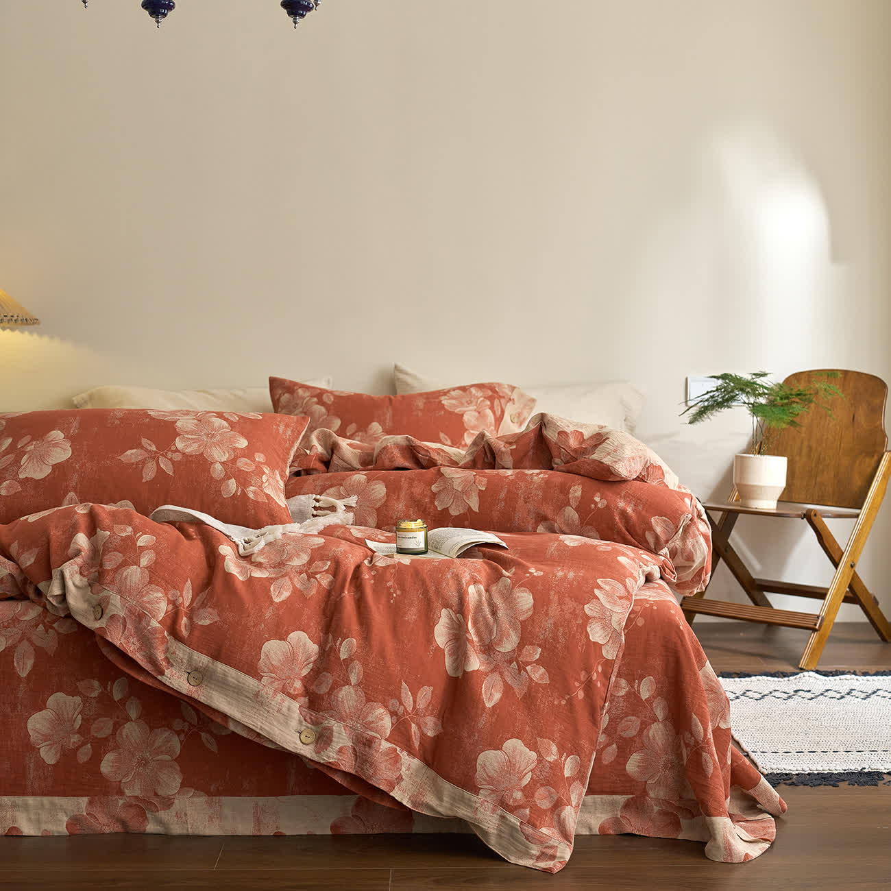 Parure de lit en gaze de coton teint en fil avec boutons (4 pièces)