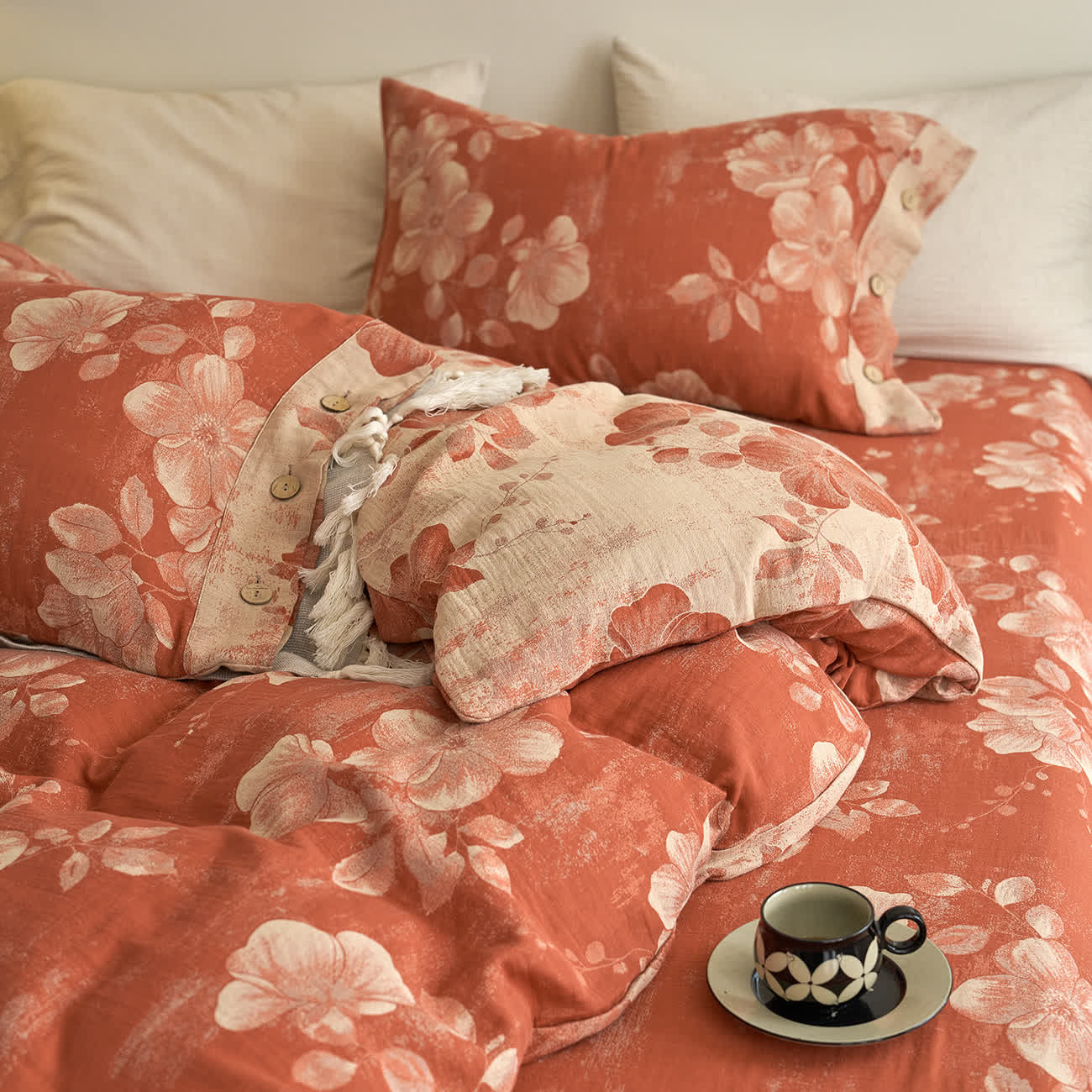 Parure de lit en gaze de coton teint en fil avec boutons (4 pièces)
