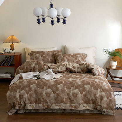 Parure de lit florale en gaze de coton teint en fil (4 pièces)