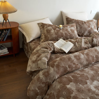 Parure de lit florale en gaze de coton teint en fil (4 pièces)