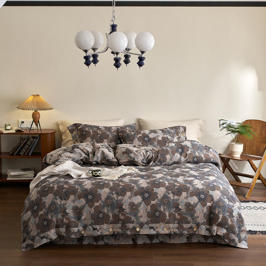 Parure de lit florale en gaze de coton teint en fil (4 pièces)