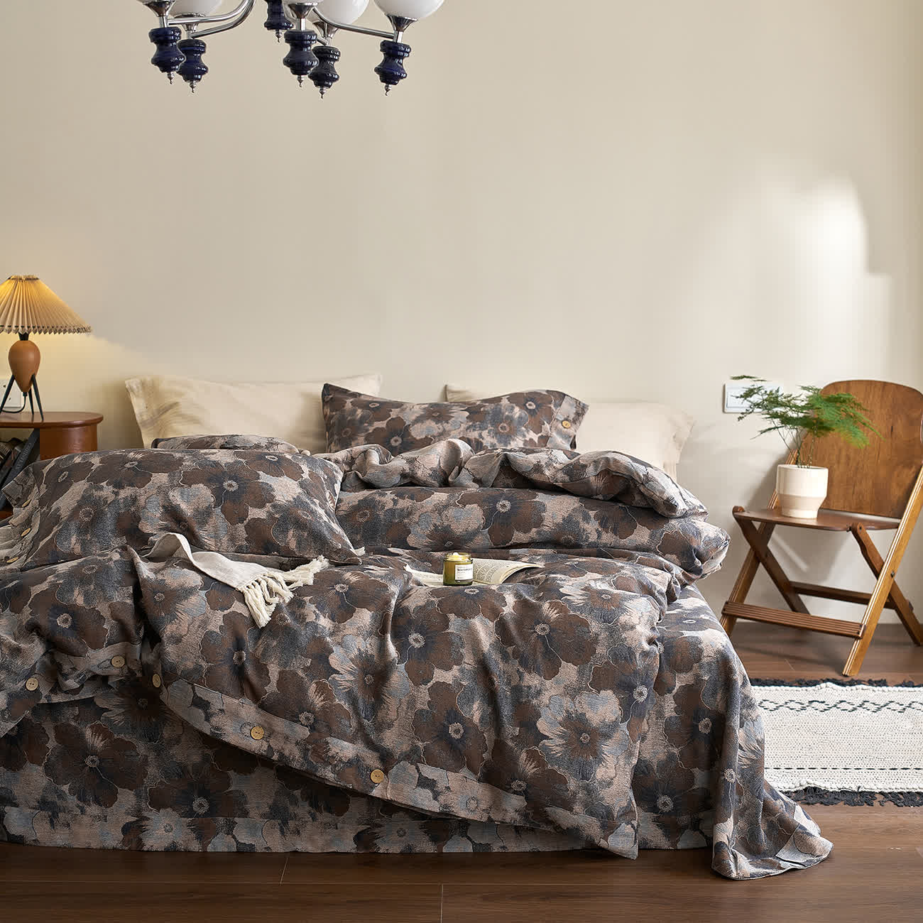 Parure de lit florale en gaze de coton teint en fil (4 pièces)
