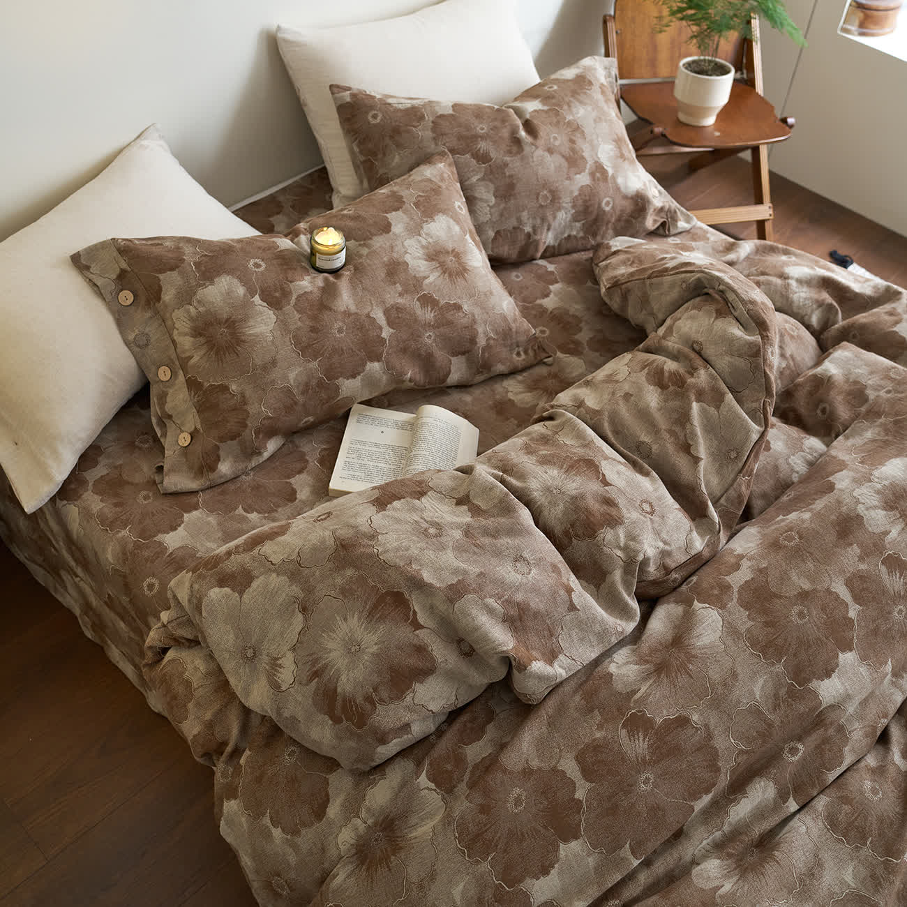 Parure de lit florale en gaze de coton teint en fil (4 pièces)