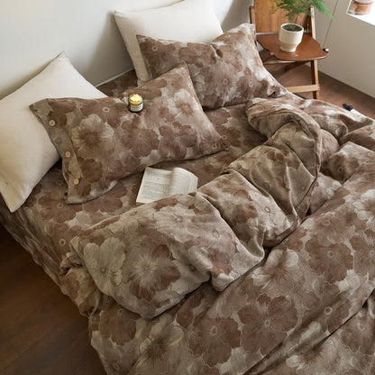 Parure de lit florale en gaze de coton teint en fil (4 pièces)