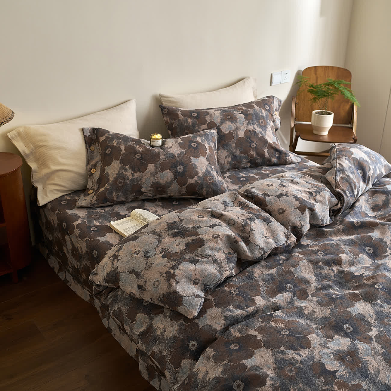Parure de lit florale en gaze de coton teint en fil (4 pièces)