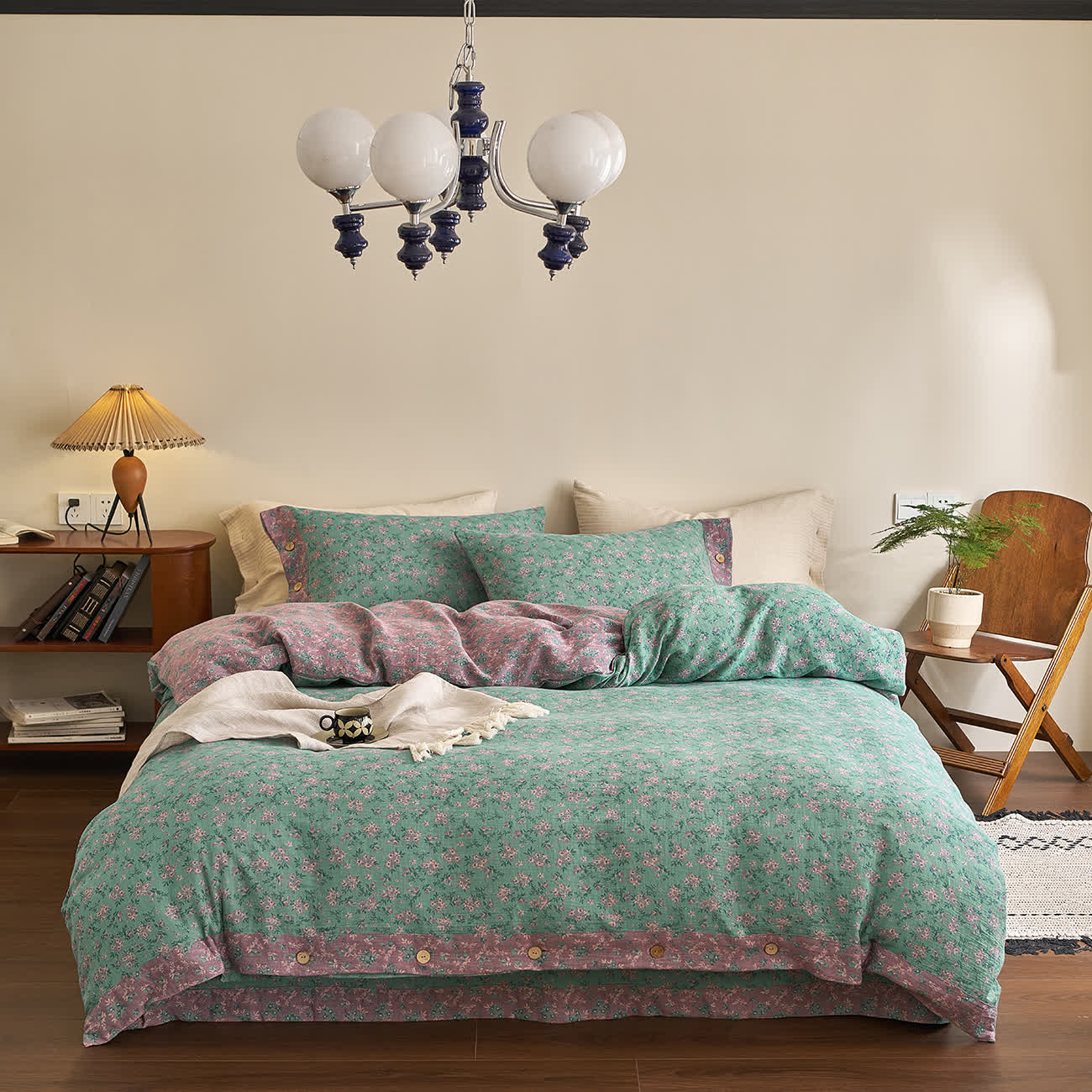Parure de lit en gaze de coton à boutons floraux Refresh (4 pièces)