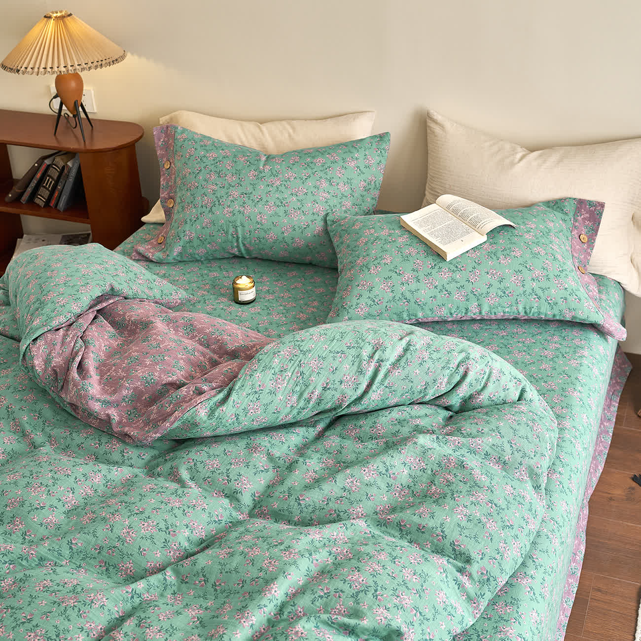 Parure de lit en gaze de coton à boutons floraux Refresh (4 pièces)