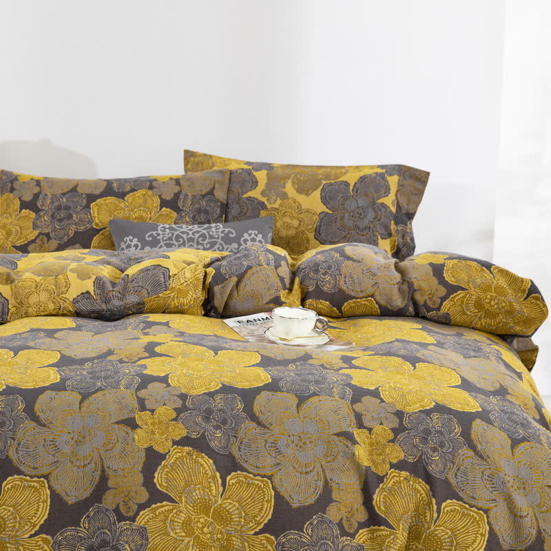 Parure de lit élégante en gaze de coton boutonnée à motif floral (4 pièces)