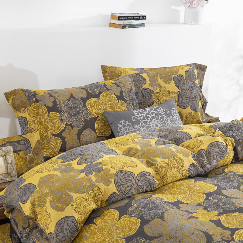 Parure de lit élégante en gaze de coton boutonnée à motif floral (4 pièces)