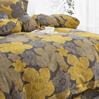Parure de lit élégante en gaze de coton boutonnée à motif floral (4 pièces)